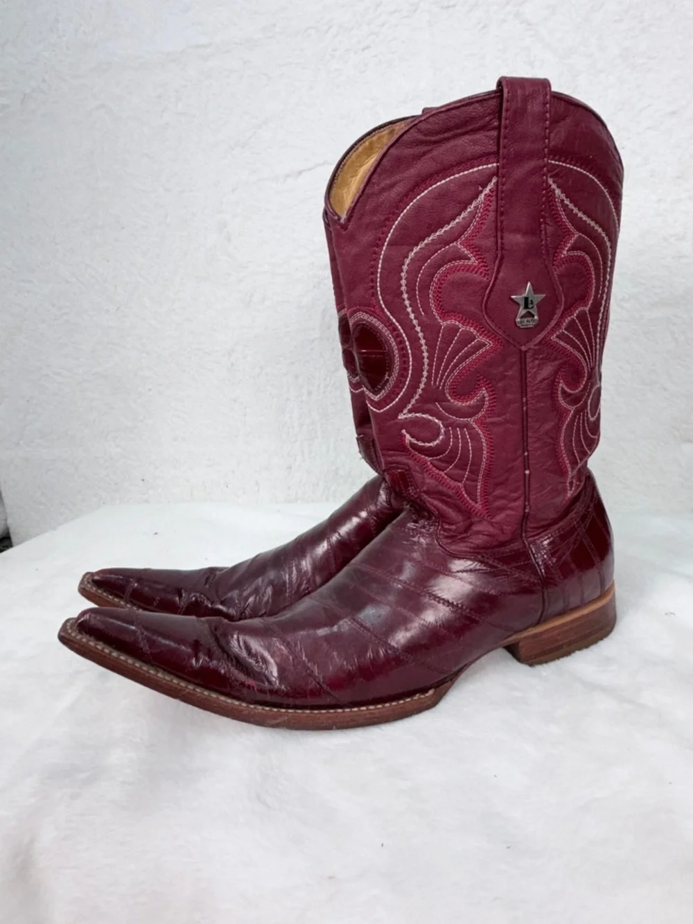 Los Altos Boots Mens 9 Genuine Eel Skin Burgundy Western Snip Toe Exotic Cowboy